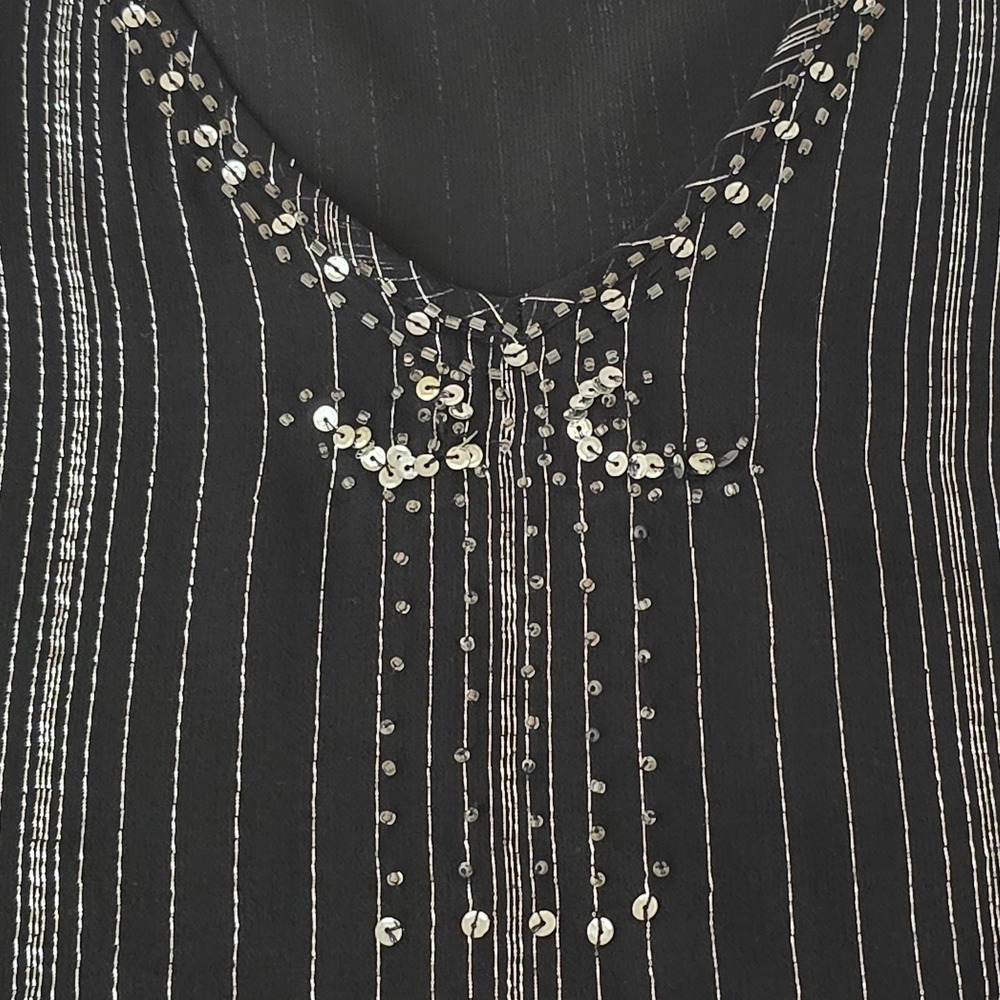 New York & Co Silk‎ Blend Beaded Mesh Blouse Sheer Black Sequin Metallic L - Picture 3 of 7